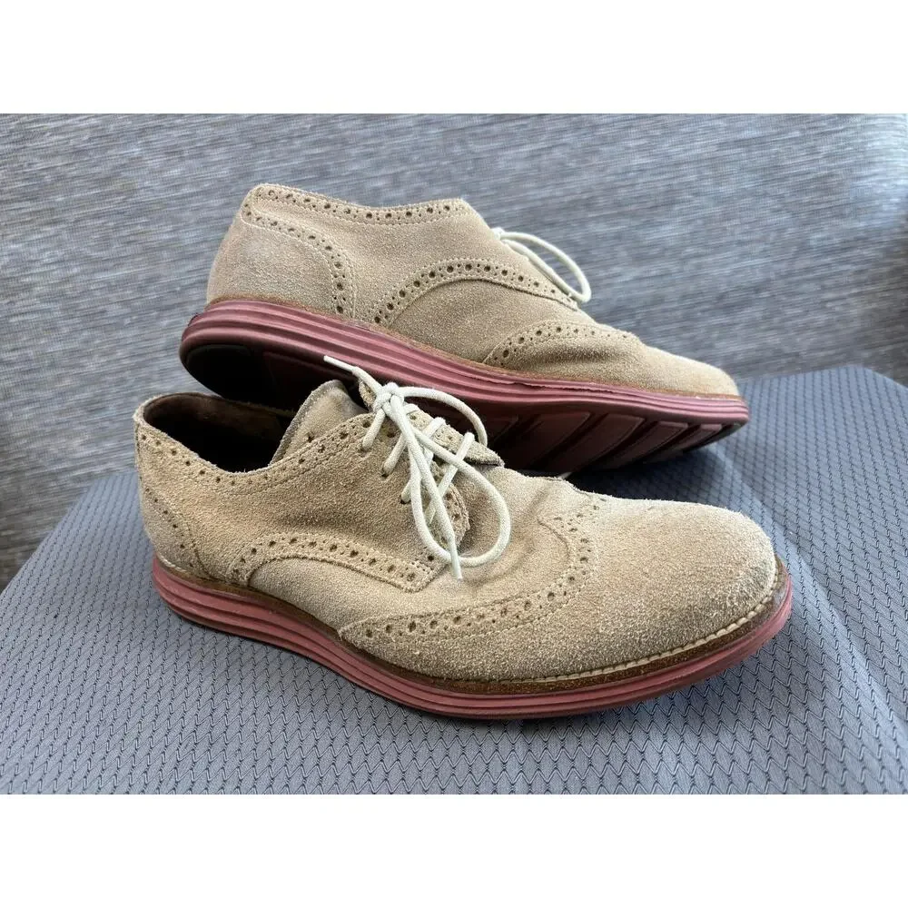 Cole Haan Shoes Mens Size 11M Beige Suede Wingtip Brogue Oxford Dress LunarGrand